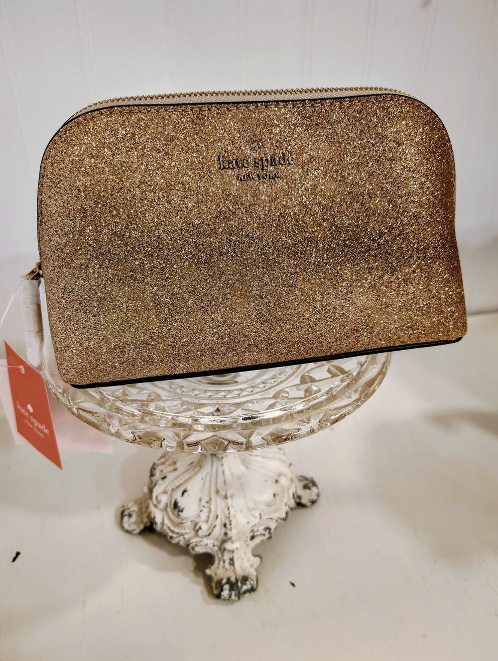 Kate Spade New York Shimmy Glitter Small Cosmetic Case Makeup Rose Gold NWT $88